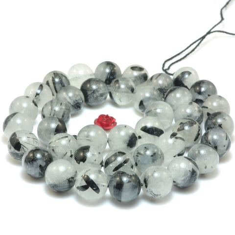 Natural Black Rutilated Quartz smooth round beads gemstone wholesale jewelry 15"