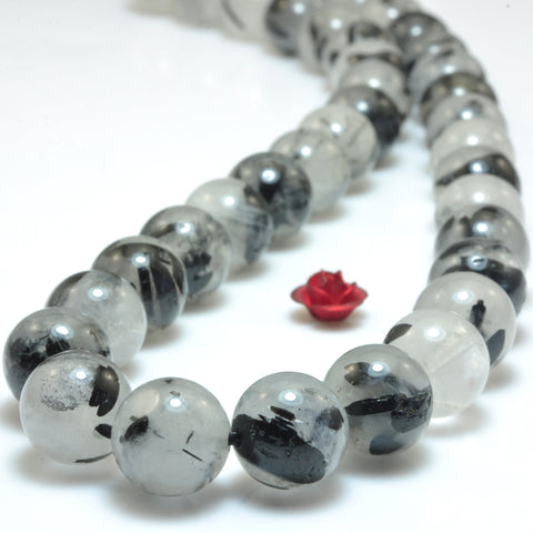 Natural Black Rutilated Quartz smooth round beads gemstone wholesale jewelry 15"