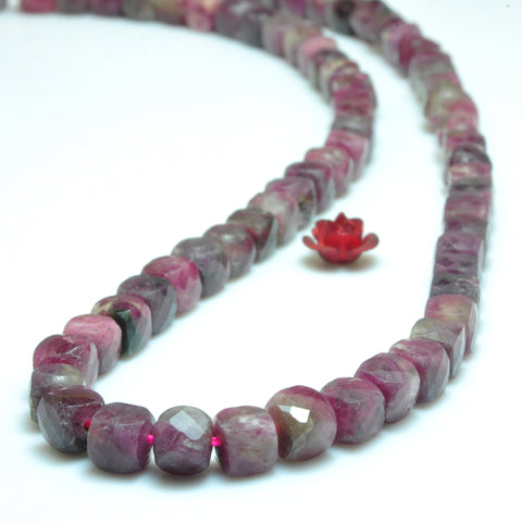 YesBeads Natural Pink Tourmaline gemstone faceted cube loose beads wholesale jewelry making 15"