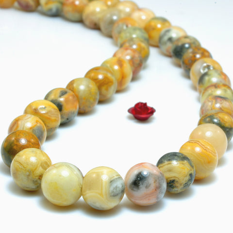 YesBeads Natural Yellow Crazy Lace Agate smooth round beads wholesale gemstone jewelry making 15"