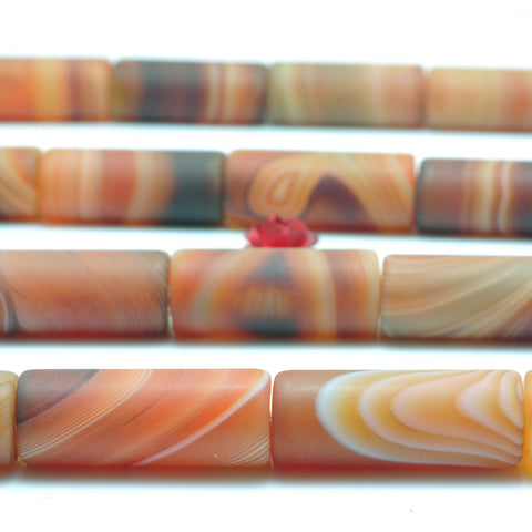 YesBeads Natural Banded Agate matte tube beads brown red gemstone wholesale jewelry 15"