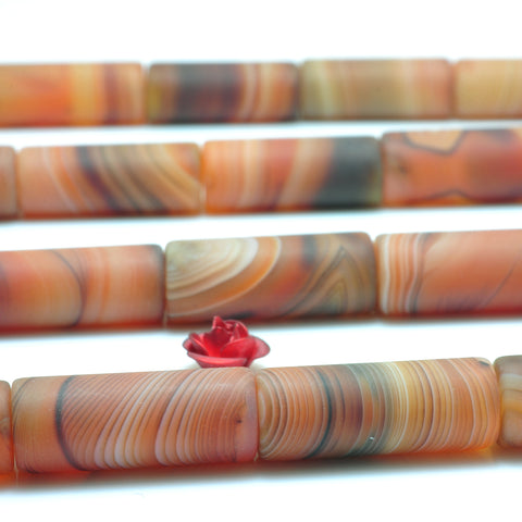 YesBeads Natural Banded Agate matte tube beads brown red gemstone wholesale jewelry 15"