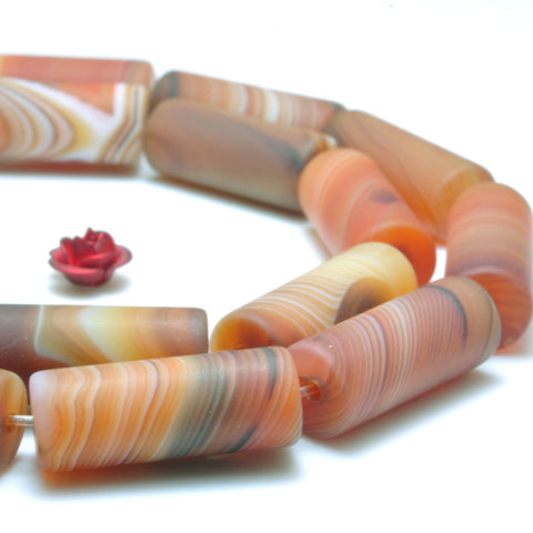 YesBeads Natural Banded Agate matte tube beads brown red gemstone wholesale jewelry 15"