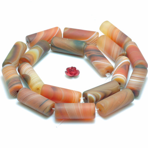 YesBeads Natural Banded Agate matte tube beads brown red gemstone wholesale jewelry 15"