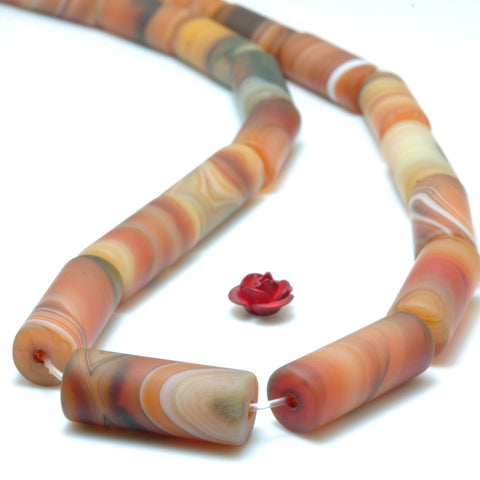 YesBeads Natural Banded Agate matte tube beads brown red gemstone wholesale jewelry 15"