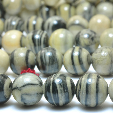 YesBeads Natural Black Zebra jasper smooth loose round beads gemstone wholesale jewelry 15"