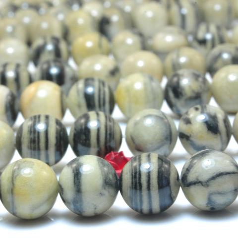 YesBeads Natural Black Zebra jasper smooth loose round beads gemstone wholesale jewelry 15"
