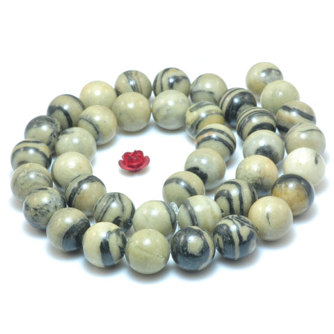 YesBeads Natural Black Zebra jasper smooth loose round beads gemstone wholesale jewelry 15"