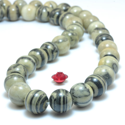 YesBeads Natural Black Zebra jasper smooth loose round beads gemstone wholesale jewelry 15"