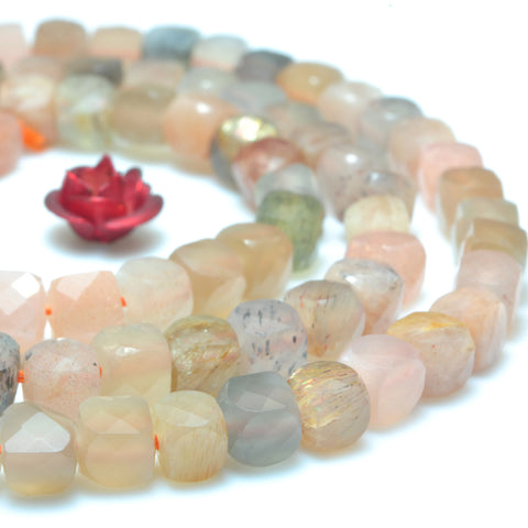 YesBeads Natural Rainbow Moonstone faceted cube loose beads gemstone wholesale jewelry 15"