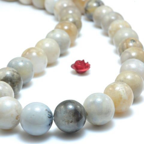 YesBeads Natural ocean fossil coral agate smooth round beads wholesale gemstone jewelry 15"
