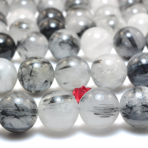 YesBeads Natural Black Rutilated Quartz smooth round loose beads wholesale gemstone jewelry 15"
