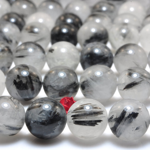 YesBeads Natural Black Rutilated Quartz smooth round loose beads wholesale gemstone jewelry 15"
