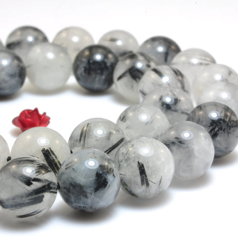 YesBeads Natural Black Rutilated Quartz smooth round loose beads wholesale gemstone jewelry 15"