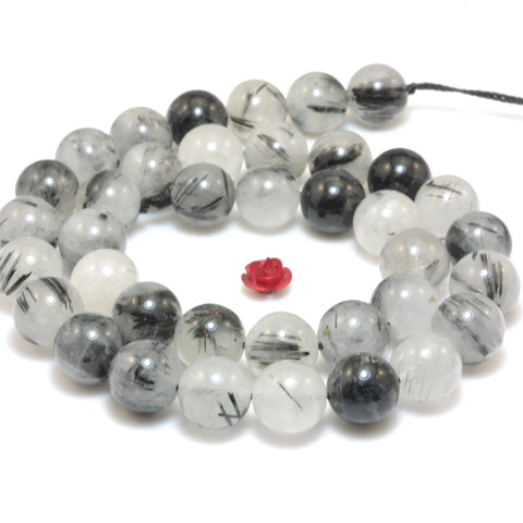 YesBeads Natural Black Rutilated Quartz smooth round loose beads wholesale gemstone jewelry 15"