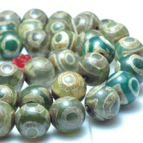 YesBeads Tibetan Agate Dzi three-eyes agate smooth round beads wholesale gemstone jewelry 15"