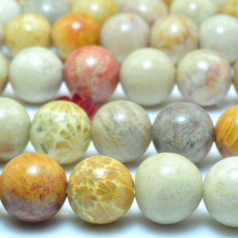 YesBeads Natural Fossil Coral Jasper smooth round beads wholesale gemstone jewelry 15"