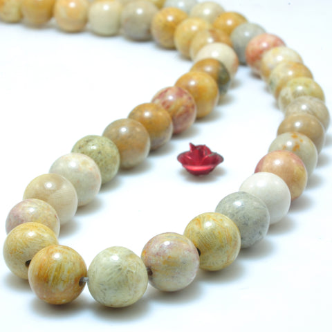 YesBeads Natural Fossil Coral Jasper smooth round beads wholesale gemstone jewelry 15"