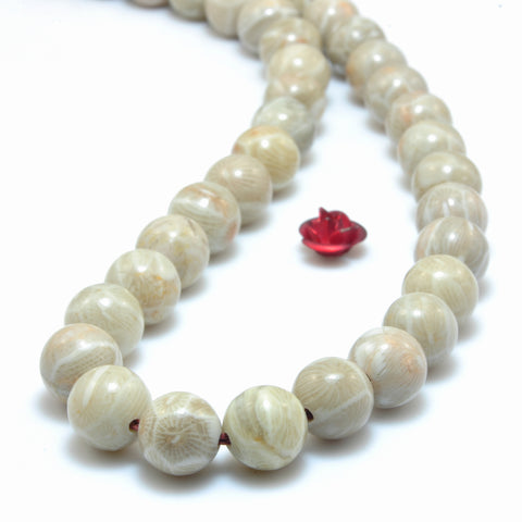 YesBeads Natural Fossil Coral Jasper A grade smooth round beads wholesale gemstone jewelry 15"