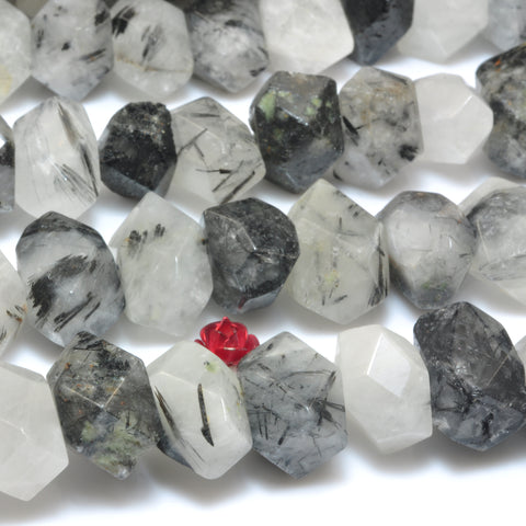 YesBeads Natural Black Rutilated Quartz faceted nugget chunk beads wholesale gemstone jewelry making 15"