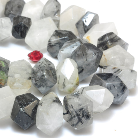 YesBeads Natural Black Rutilated Quartz faceted nugget chunk beads wholesale gemstone jewelry making 15"