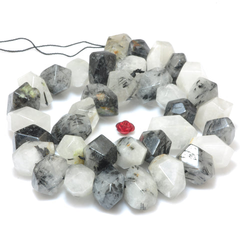 YesBeads Natural Black Rutilated Quartz faceted nugget chunk beads wholesale gemstone jewelry making 15"