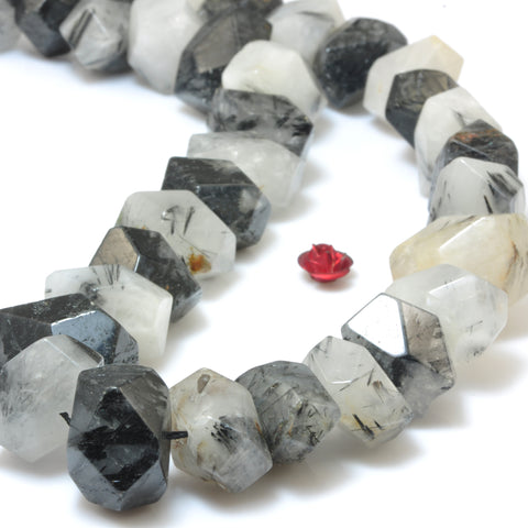 YesBeads Natural Black Rutilated Quartz faceted nugget chunk beads wholesale gemstone jewelry making 15"