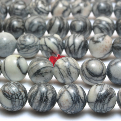 YesBeads Natural Black Line Jasper smooth round beads silk stone spider web jasper wholesale gemstone jewelry 15"