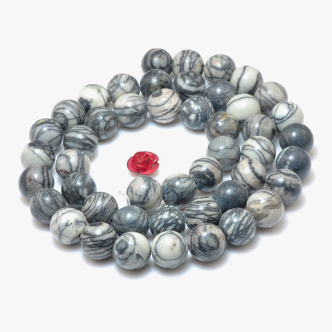YesBeads Natural Black Line Jasper smooth round beads silk stone spider web jasper wholesale gemstone jewelry 15"
