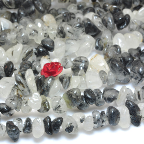 YesBeads Natural Black Rutilated Quartz smooth pebble chips beads wholesale gemstone jewlery 35inches