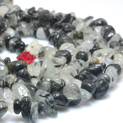 YesBeads Natural Black Rutilated Quartz smooth pebble chips beads wholesale gemstone jewlery 35inches