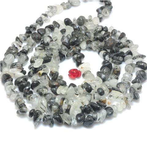 YesBeads Natural Black Rutilated Quartz smooth pebble chips beads wholesale gemstone jewlery 35inches