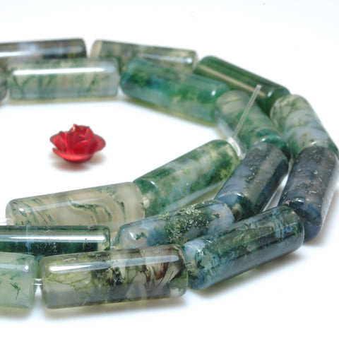 YesBeads Natural Green Moss Agate smooth tube cylinder beads wholesale gemstone jewelry making 15"