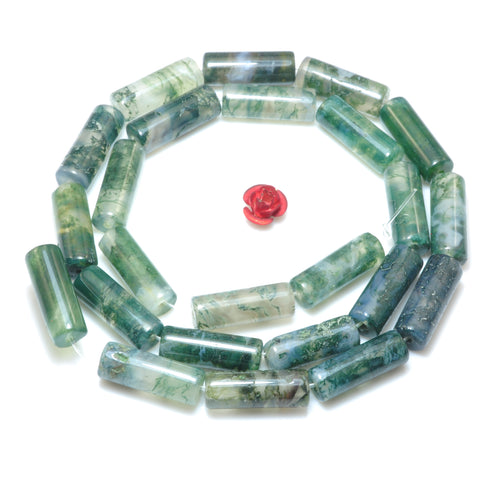 YesBeads Natural Green Moss Agate smooth tube cylinder beads wholesale gemstone jewelry making 15"