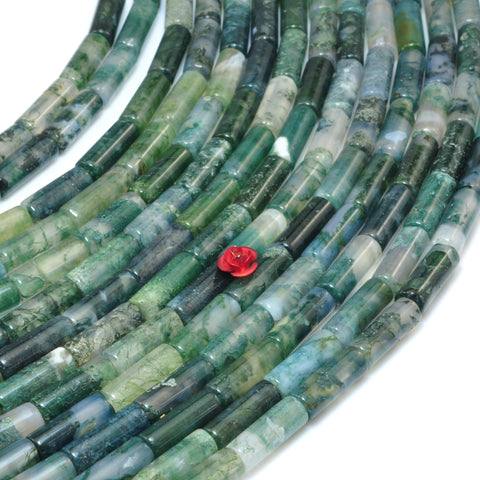 YesBeads Natural Green Moss Agate smooth tube cylinder beads wholesale gemstone jewelry making 15"