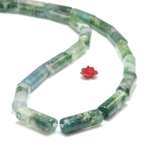 YesBeads Natural Green Moss Agate smooth tube cylinder beads wholesale gemstone jewelry making 15"