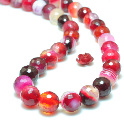 YesBeads Rose Red Banded Agate faceted round loose beads wholesale gemstone jewelry 15"
