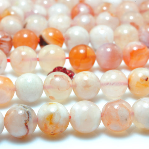 YesBeads Natural Cherry Blossom Agate smooth round loose beads wholesale pink gemstone jewelry 15"