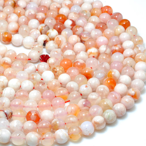 YesBeads Natural Cherry Blossom Agate smooth round loose beads wholesale pink gemstone jewelry 15"