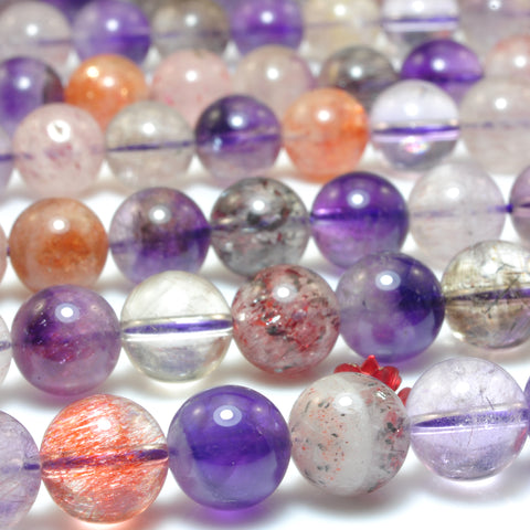 Natural Super Seven Cacoxenite Amethyst smooth round loose beads super 7 crystal wholesale gemstone bracelet necklace diy