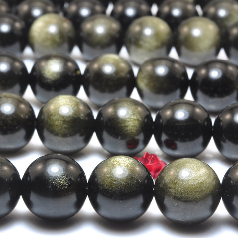 YesBeads Natural black golden obsidian smooth round loose beads gemstone wholesale jewelry bracelet design 15"