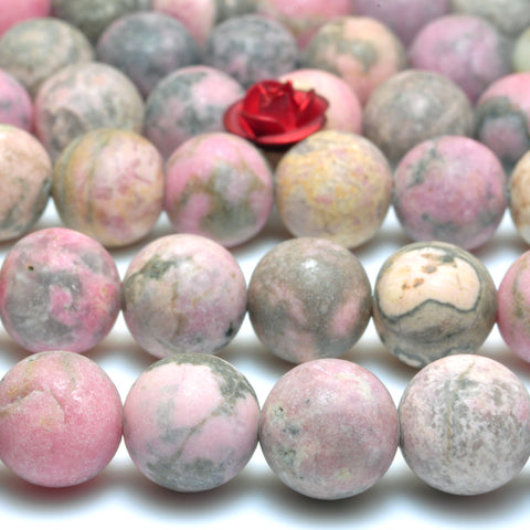 YesBeads Natural Pink Rhodonite matte round beads wholesale gemstone jewelry making 15"