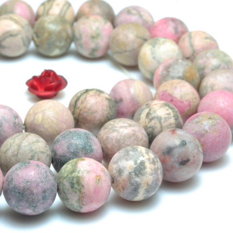 YesBeads Natural Pink Rhodonite matte round beads wholesale gemstone jewelry making 15"