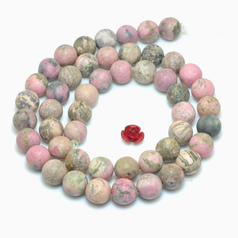 YesBeads Natural Pink Rhodonite matte round beads wholesale gemstone jewelry making 15"