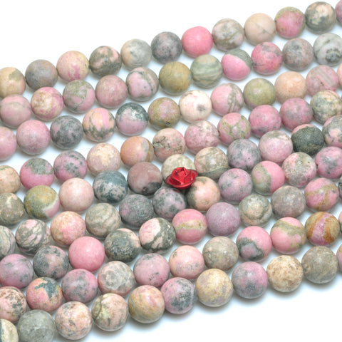 YesBeads Natural Pink Rhodonite matte round beads wholesale gemstone jewelry making 15"