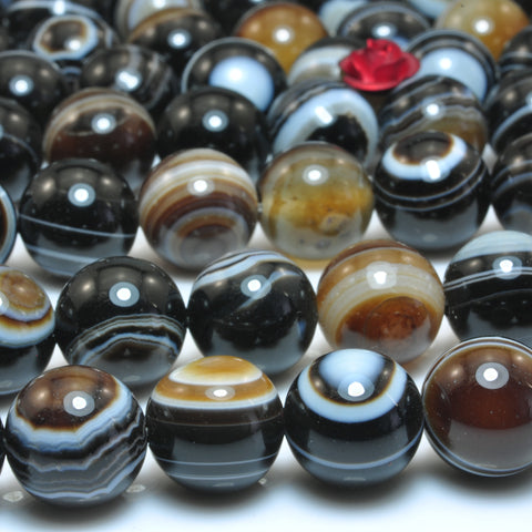 YesBeads Natural black eye agate smooth round loose beads black and brown banded agate gemstone wholesale jewelry making 15"