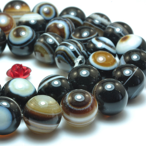 YesBeads Natural black eye agate smooth round loose beads black and brown banded agate gemstone wholesale jewelry making 15"