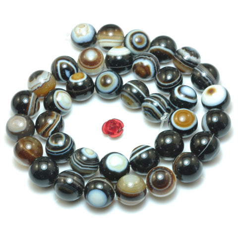 YesBeads Natural black eye agate smooth round loose beads black and brown banded agate gemstone wholesale jewelry making 15"