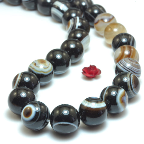 YesBeads Natural black eye agate smooth round loose beads black and brown banded agate gemstone wholesale jewelry making 15"