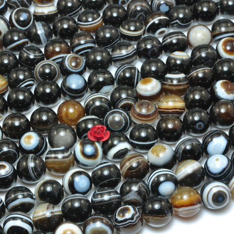YesBeads Natural black eye agate smooth round loose beads black and brown banded agate gemstone wholesale jewelry making 15"